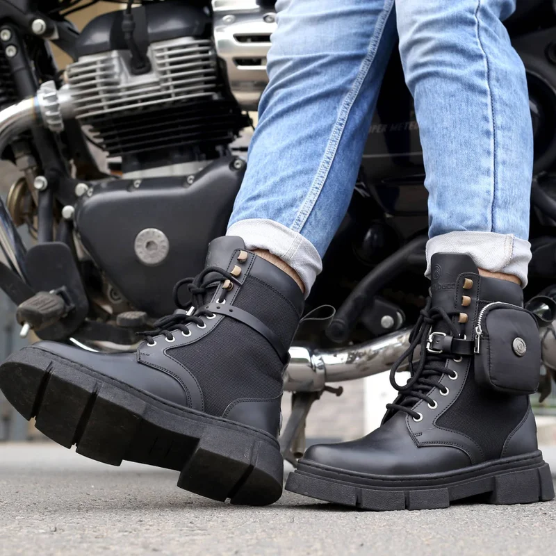 Bacca Bucci Black Assassin Brushed Leather Combat Boots with Chunky Rubber Sole for Men | Best Price UAE
